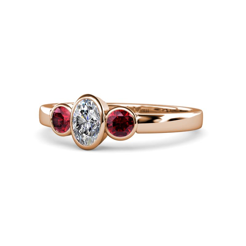 Caron 0.72 ctw Natural GIA Certified Diamond Oval Shape (6x4 mm) and Side Ruby Three Stone Ring  