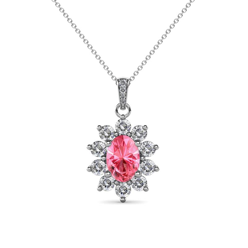 Raizel (7 x 5 mm) Pink Tourmaline and Diamond Floral Halo Pendant 