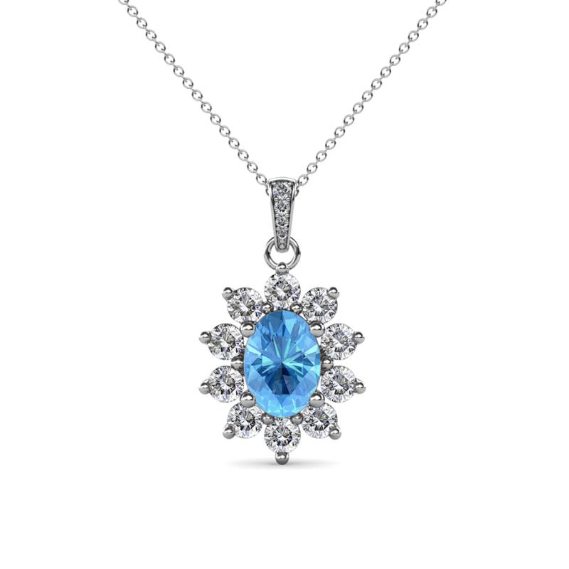 Raizel (7 x 5 mm) Blue Topaz and Diamond Floral Halo Pendant 