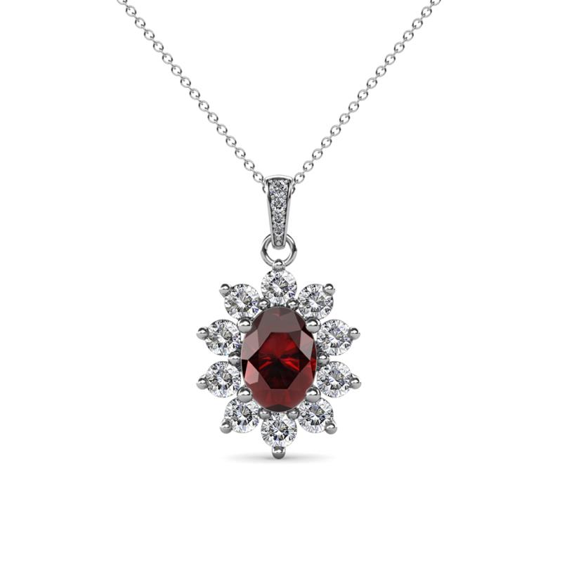 Raizel (7 x 5 mm) Red Garnet and Diamond Floral Halo Pendant 