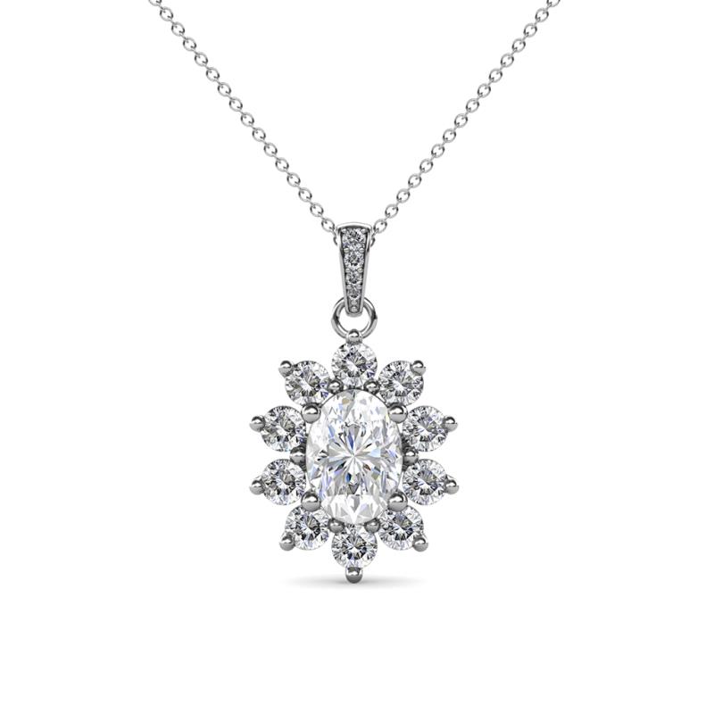 Raizel (7 x 5 mm) White Sapphire and Diamond Floral Halo Pendant 