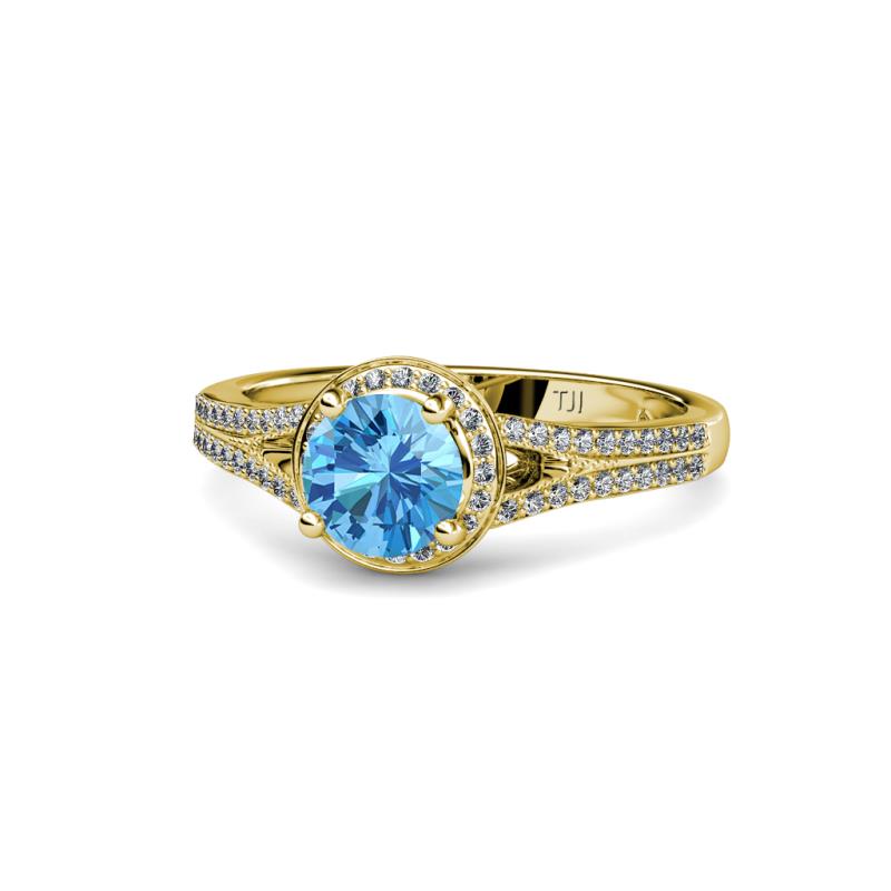 Levana Signature Blue Topaz and Diamond Halo Engagement Ring 