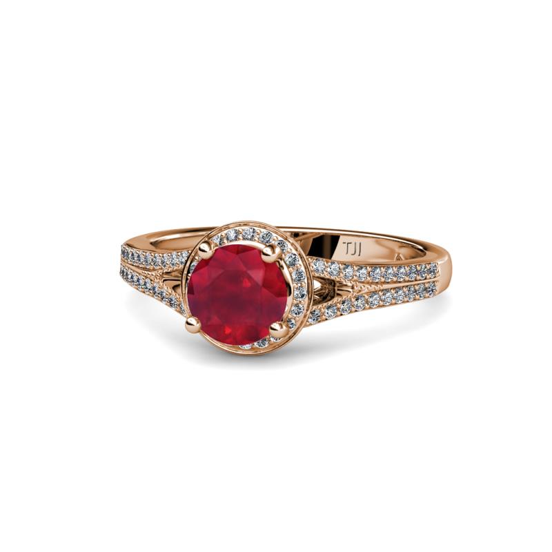 Levana Signature Ruby and Diamond Halo Engagement Ring 