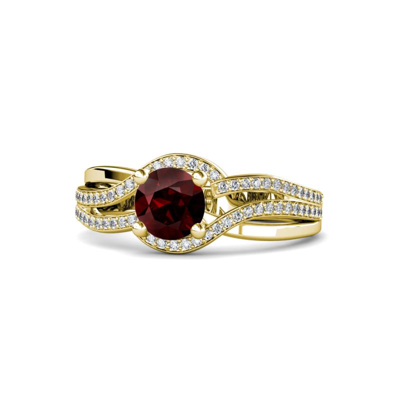 Aimee Signature Red Garnet and Diamond Bypass Halo Engagement Ring 