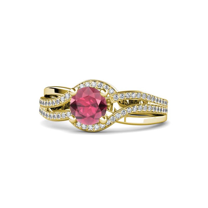 Aimee Signature Rhodolite Garnet and Diamond Bypass Halo Engagement Ring 
