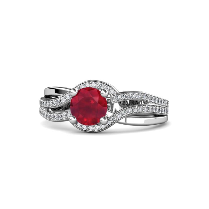 Aimee Signature Ruby and Diamond Bypass Halo Engagement Ring 