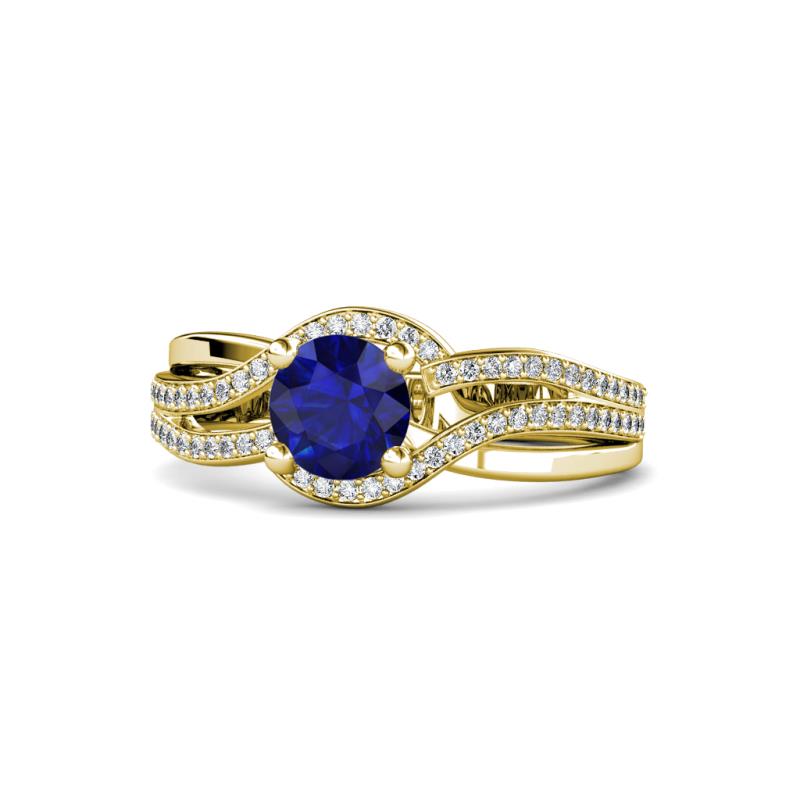 Aimee Signature Blue Sapphire and Diamond Bypass Halo Engagement Ring 