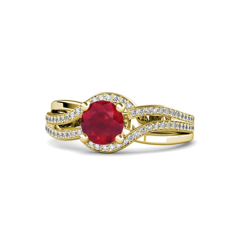 Aimee Signature Ruby and Diamond Bypass Halo Engagement Ring 
