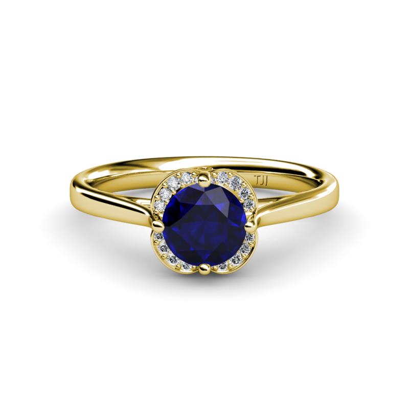 Myrna Round Blue Sapphire and Diamond Halo Engagement Ring 