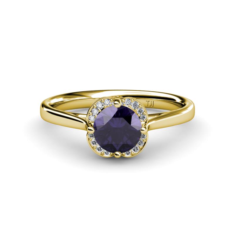 Myrna Round Iolite and Diamond Halo Engagement Ring 