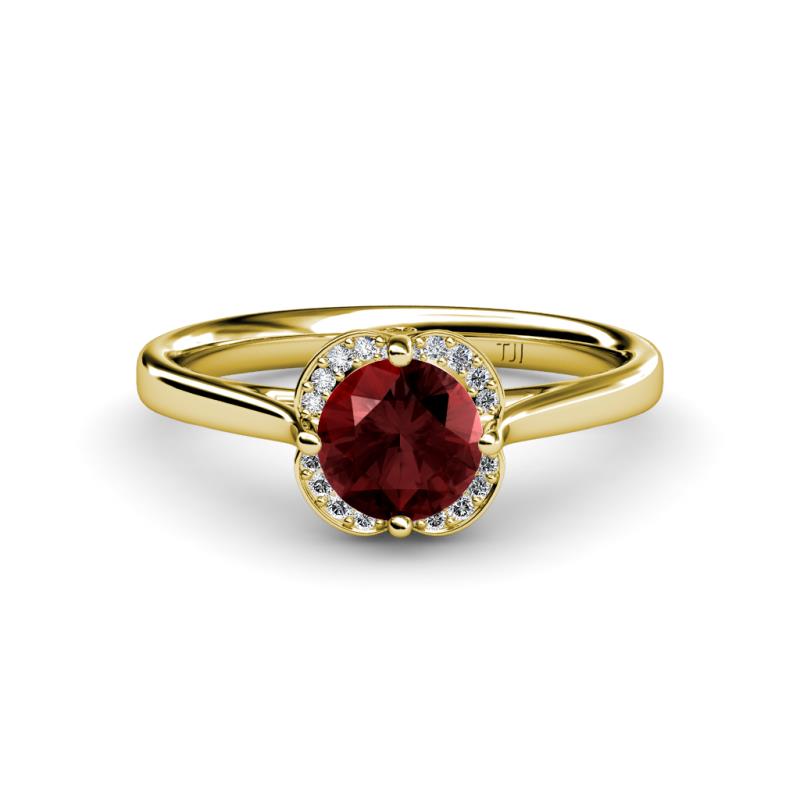 Myrna Round Red Garnet and Diamond Halo Engagement Ring 