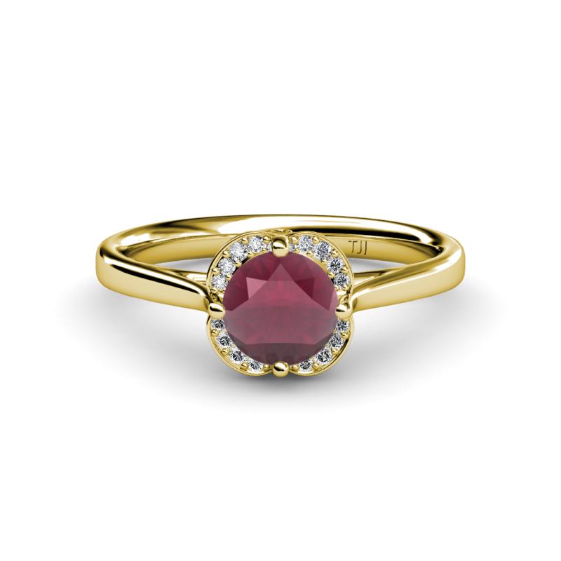 Myrna Round Rhodolite Garnet and Diamond Halo Engagement Ring 