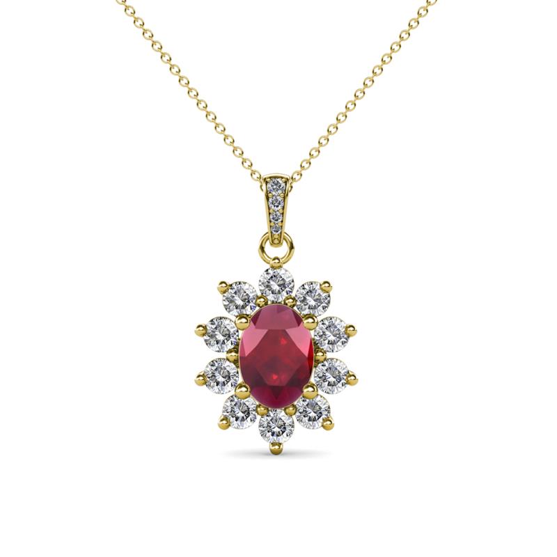 Raizel (7 x 5 mm) Ruby and Diamond Floral Halo Pendant 