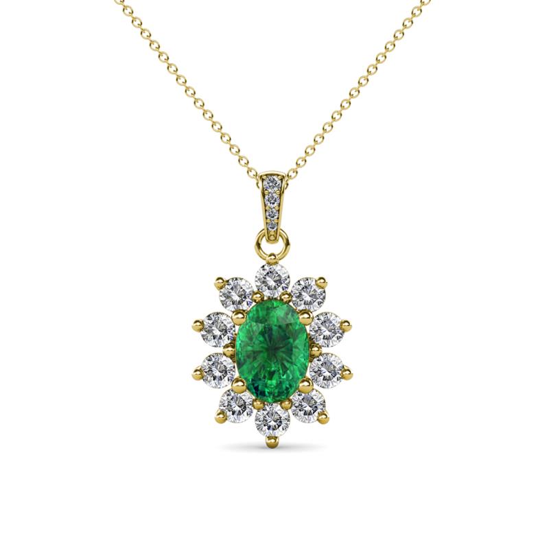 Raizel (7 x 5 mm) Emerald and Diamond Floral Halo Pendant 