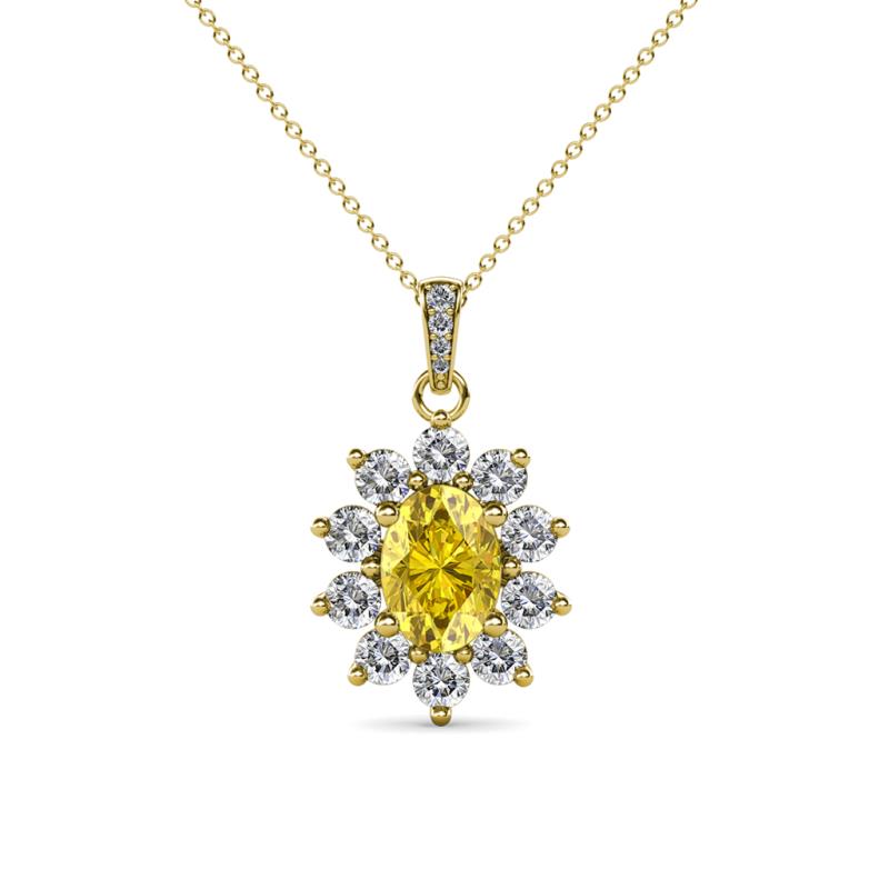 Janet Oval Cut Lab Created Yellow Sapphire and Round Diamond 4 1/6 ctw  Womens East West Halo Pendant Necklace 14K Yellow Gold.Included 16 Inches  14K Yellow Gold Chain | TriJewels