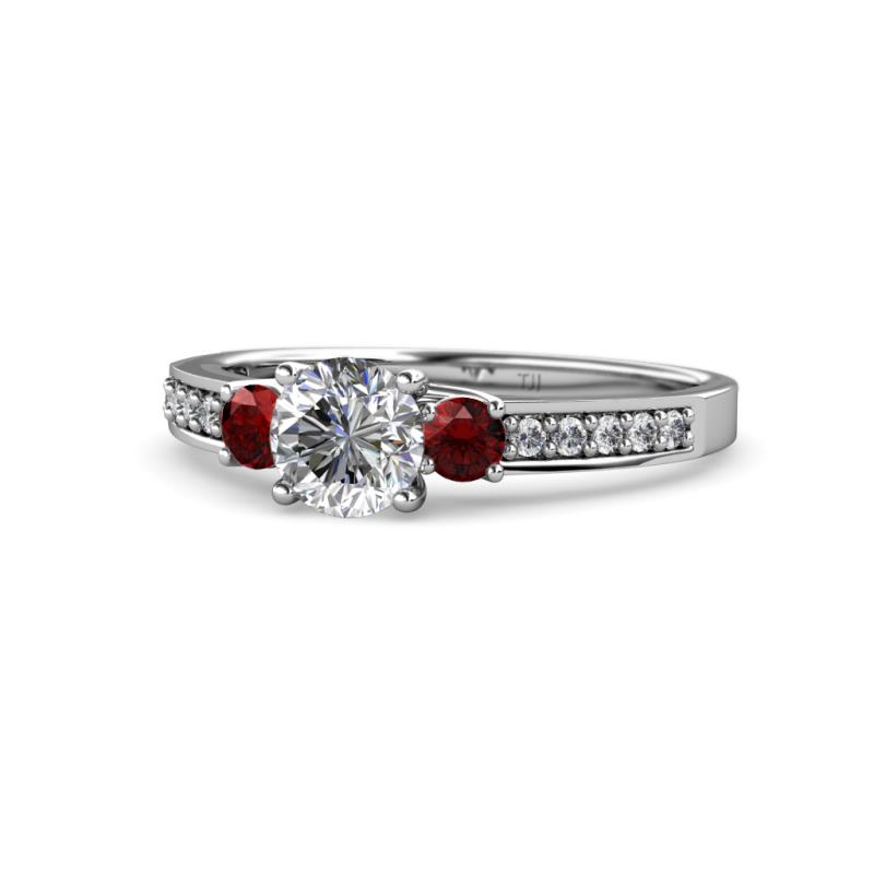 Dzeni Diamond and Red Garnet Three Stone Engagement Ring 