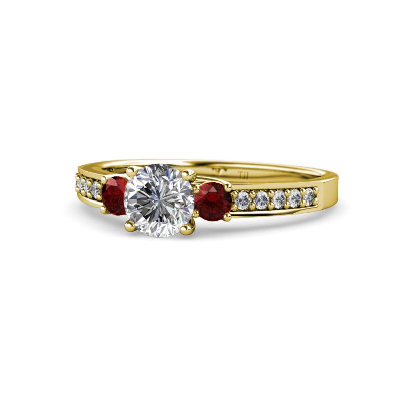 Dzeni Diamond and Red Garnet Three Stone Engagement Ring 