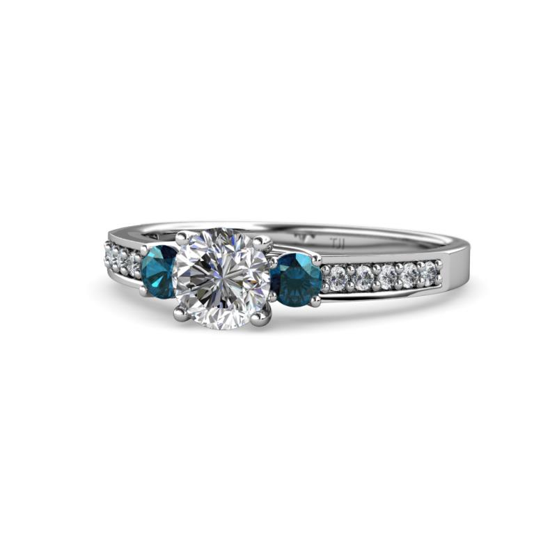 Dzeni Blue and White Diamond Three Stone with Side Diamond Ring 