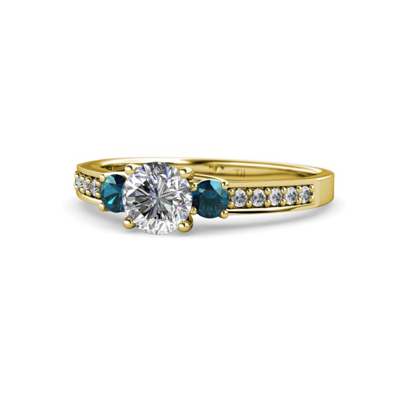 Dzeni Blue and White Diamond Three Stone with Side Diamond Ring 