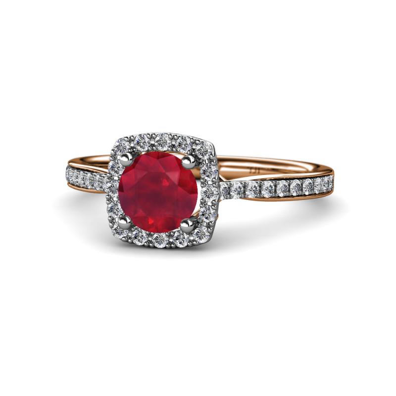 Anne Desire Ruby and Diamond Halo Engagement Ring 