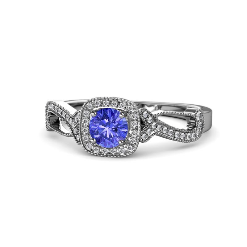 Amy Desire 1.17 ctw Tanzanite Round (6.50 mm) & Natural Diamond Round (1.10 mm) Swirl Halo Engagement Ring 