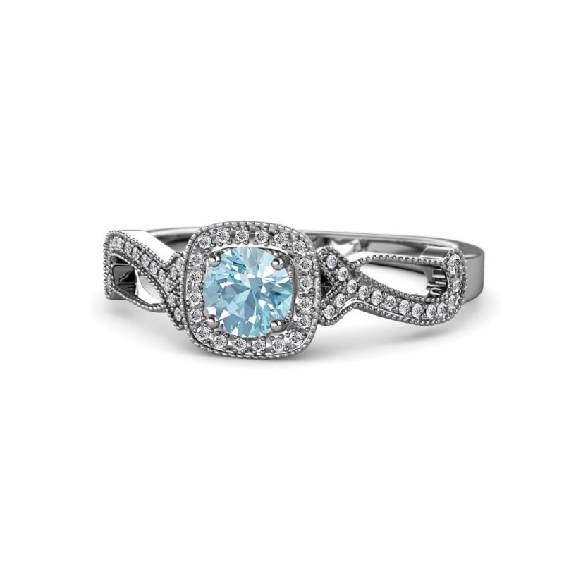 Amy Desire 1.12 ctw Aquamarine Round (6.50 mm) & Natural Diamond Round (1.10 mm) Swirl Halo Engagement Ring 