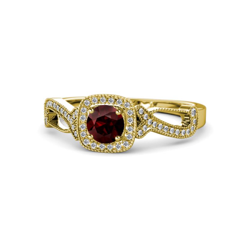 Amy Desire 1.30 ctw Red Garnet Round (6.50 mm) & Natural Diamond Round (1.10 mm) Swirl Halo Engagement Ring 