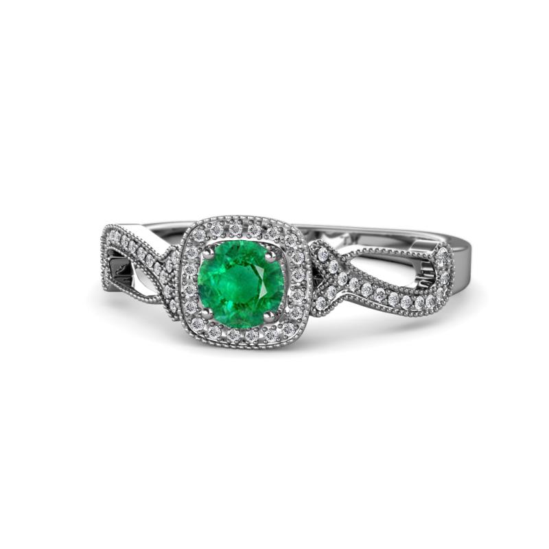 Amy Desire 1.05 ctw Emerald Round (6.00 mm) & Natural Diamond Round (1.10 mm) Swirl Halo Engagement Ring 