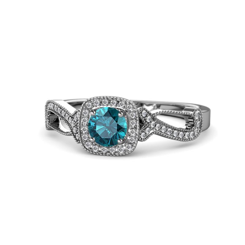 Amy Desire 1.20 ctw London Blue Topaz Round (6.50 mm) & Natural Diamond Round (1.10 mm) Swirl Halo Engagement Ring 
