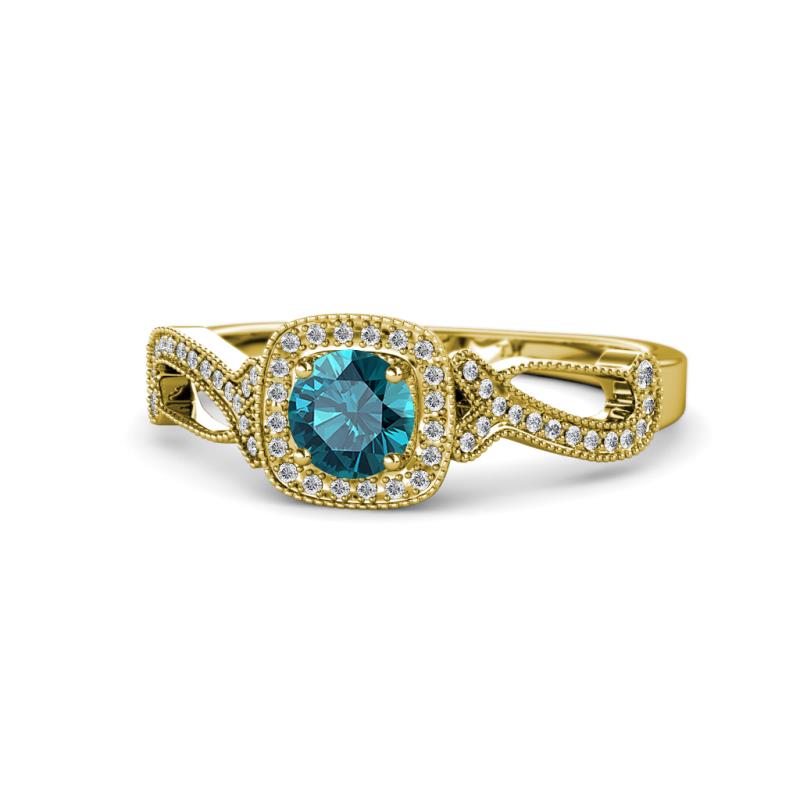 Amy Desire 1.20 ctw London Blue Topaz Round (6.50 mm) & Natural Diamond Round (1.10 mm) Swirl Halo Engagement Ring 