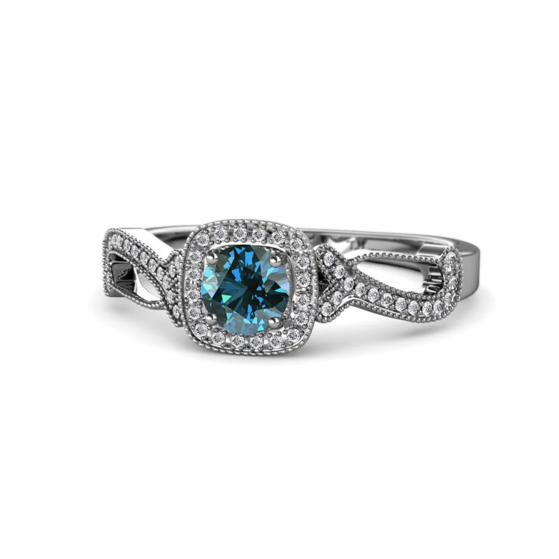 Amy Desire 1.25 ctw Blue Diamond Round (6.50 mm) & Natural Diamond Round (1.10 mm) Swirl Halo Engagement Ring 
