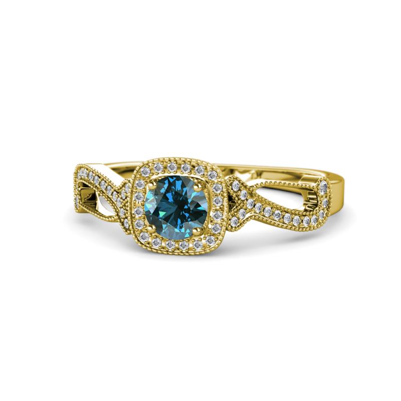 Amy Desire 1.25 ctw Blue Diamond Round (6.50 mm) & Natural Diamond Round (1.10 mm) Swirl Halo Engagement Ring 