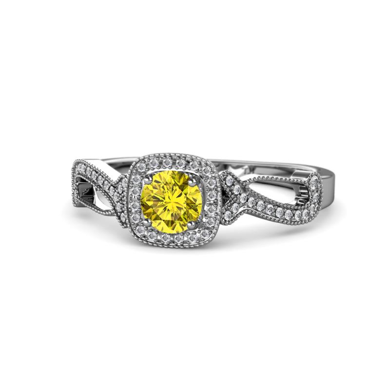 Amy Desire 1.25 ctw Yellow Diamond Round (6.50 mm) & Natural Diamond Round (1.10 mm) Swirl Halo Engagement Ring 