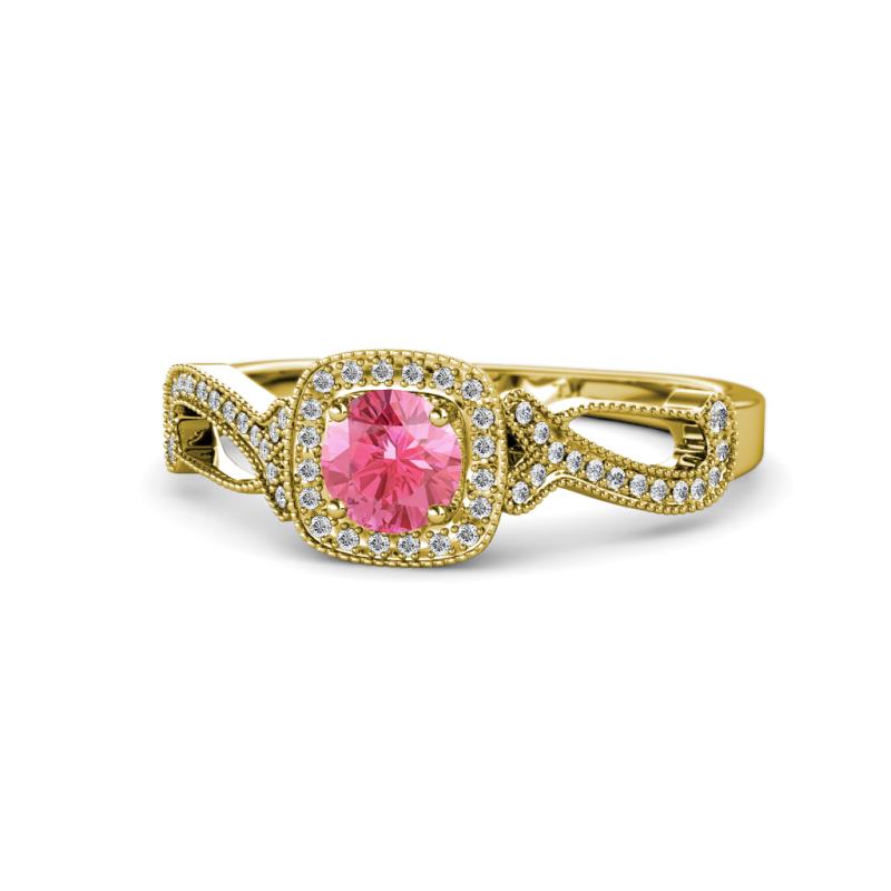 Amy Desire 1.12 ctw Pink Tourmaline Round (6.50 mm) & Natural Diamond Round (1.10 mm) Swirl Halo Engagement Ring 