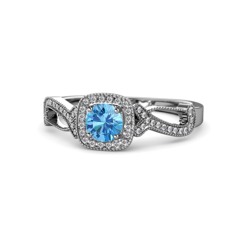 Amy Desire 1.20 ctw Blue Topaz Round (6.50 mm) & Natural Diamond Round (1.10 mm) Swirl Halo Engagement Ring 