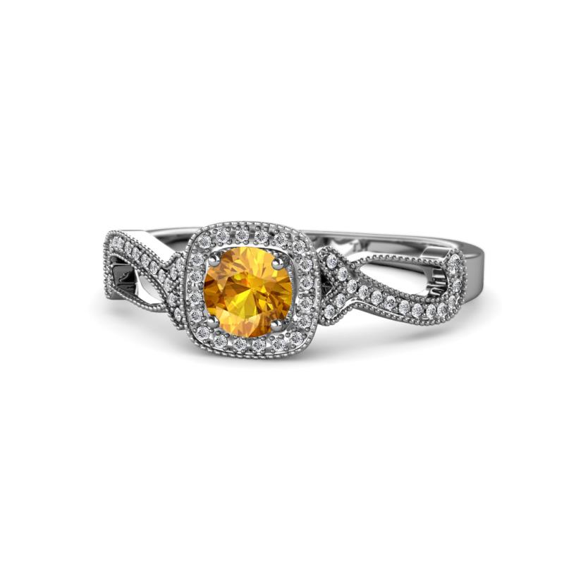 Amy Desire 1.12 ctw Citrine Round (6.50 mm) & Natural Diamond Round (1.10 mm) Swirl Halo Engagement Ring 