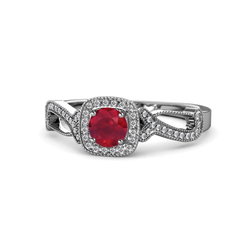 Amy Desire 1.20 ctw Ruby Round (6.00 mm) & Natural Diamond Round (1.10 mm) Swirl Halo Engagement Ring 