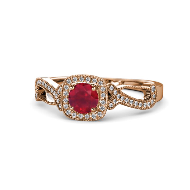Amy Desire 1.20 ctw Ruby Round (6.00 mm) & Natural Diamond Round (1.10 mm) Swirl Halo Engagement Ring 