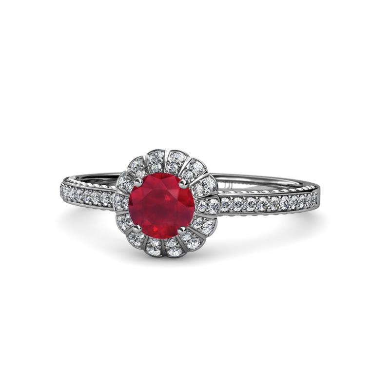 Jolie Signature Ruby and Diamond Floral Halo Engagement Ring 