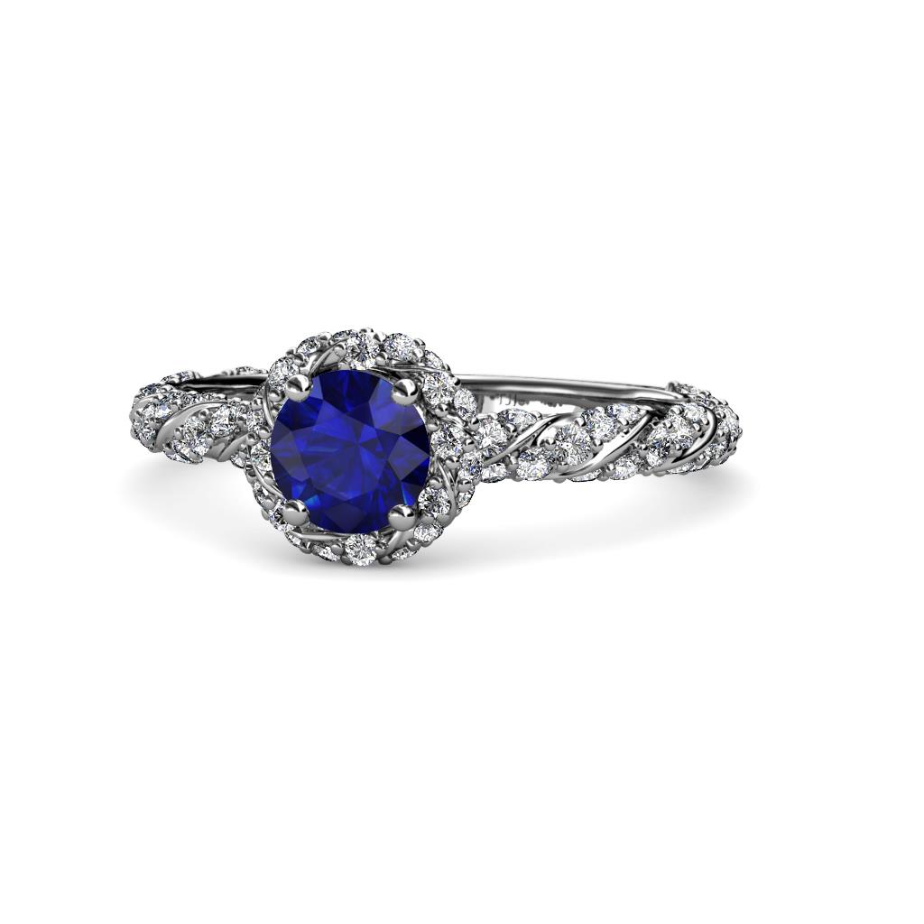 Allene Signature Round Blue Sapphire and Diamond Halo Engagement Ring 
