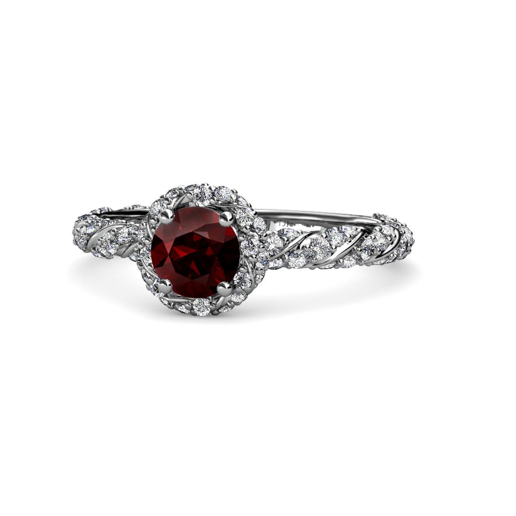 Allene Signature Round Red Garnet and Diamond Halo Engagement Ring 
