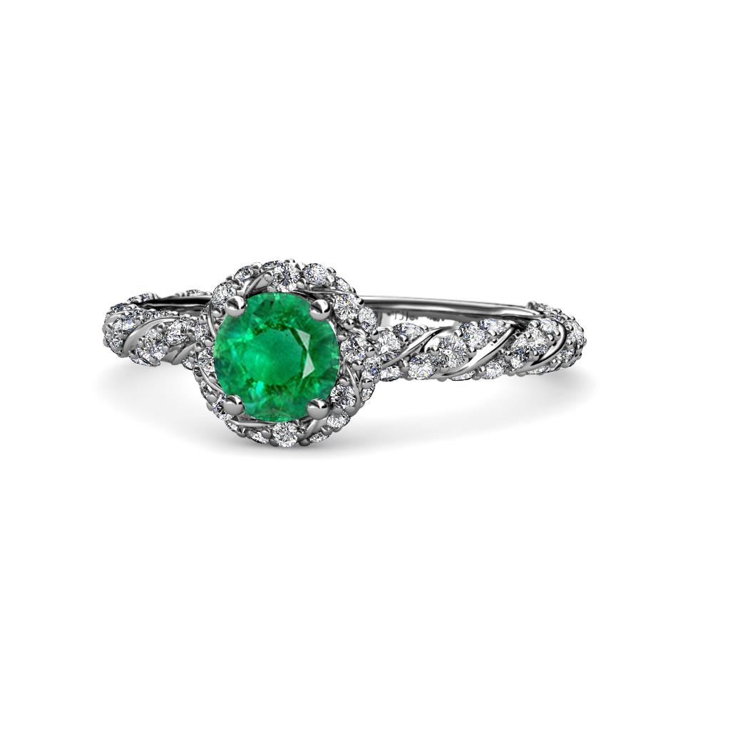 Allene Signature Round Diamond and Emerald Halo Engagement Ring 