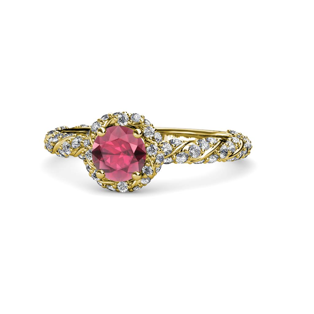 Allene Signature Rhodolite Garnet and Diamond Halo Engagement Ring 