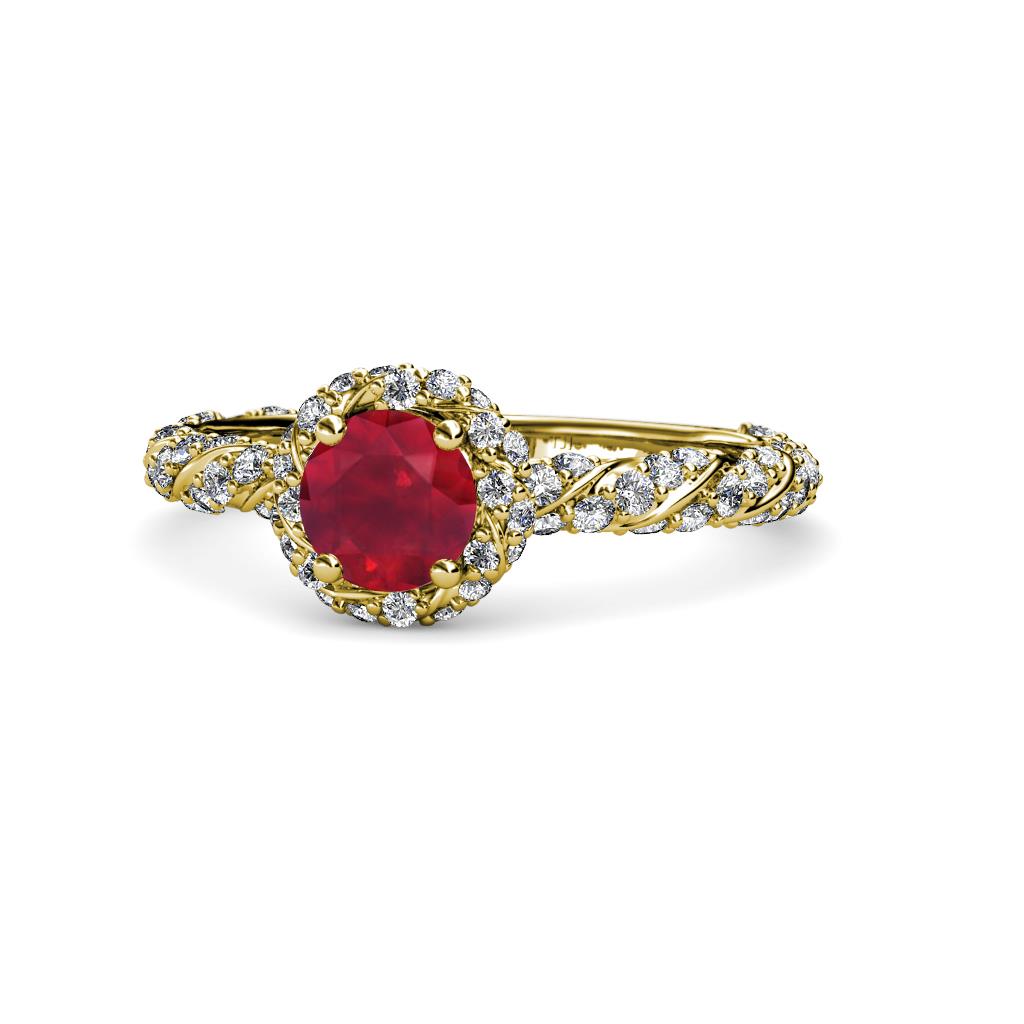 Allene Signature Ruby and Diamond Halo Engagement Ring 