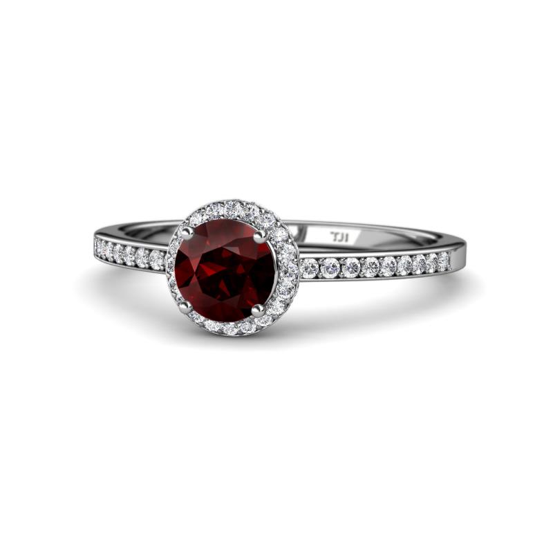 Syna Signature Round Red Garnet and Diamond Halo Engagement Ring 