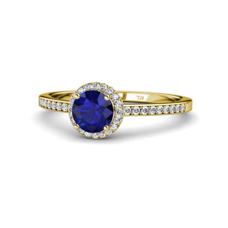 Syna Signature Blue Sapphire and Diamond Halo Engagement Ring 