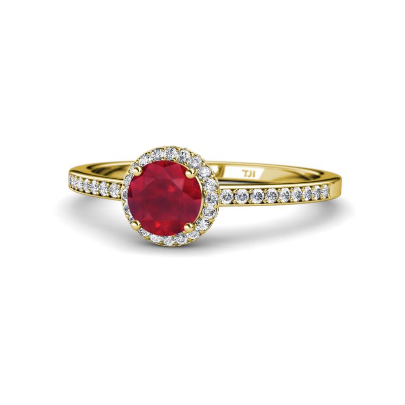 Syna Signature Ruby and Diamond Halo Engagement Ring 