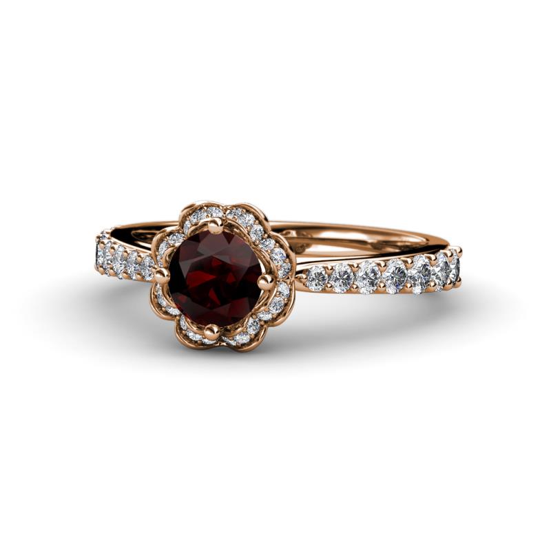 Three stone moissanite ring round red garnet engagement ring solid ros –  Ohjewel