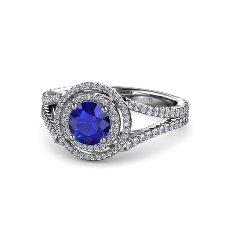 Elle Blue Sapphire and Diamond Double Halo Engagement Ring 