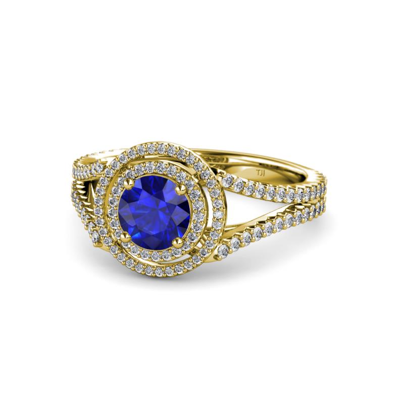 Elle Blue Sapphire and Diamond Double Halo Engagement Ring 